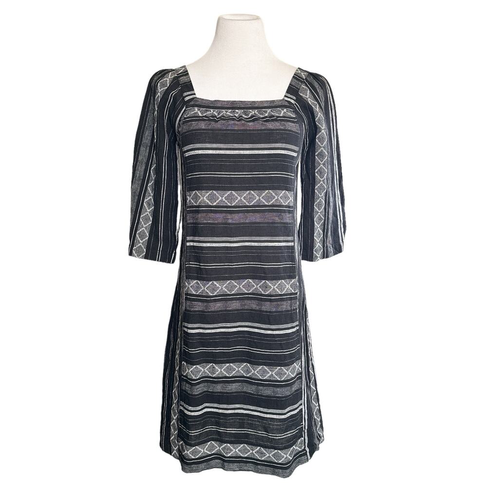 Wrap London NEW Linen Blend Square Neck Striped Argyle Shift Dress Black US 2